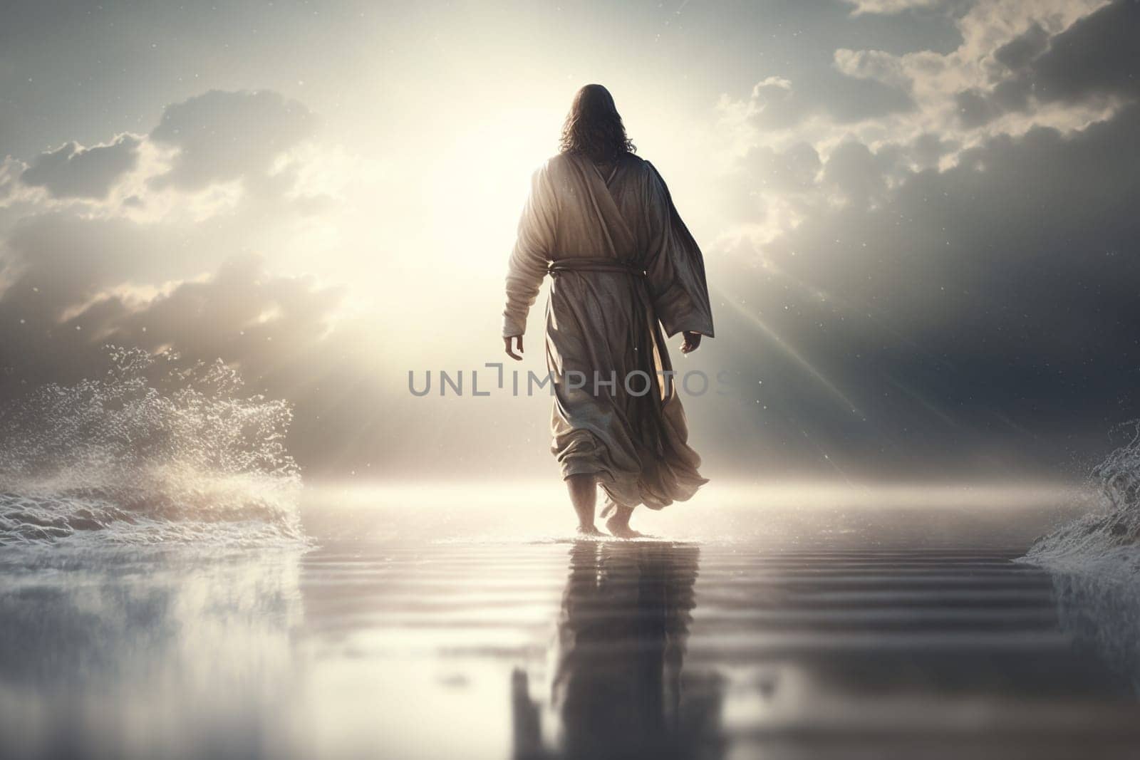 Jesus Christ walks on water. Religious concept . Bible. Faith. Drawing with paints. Painting.