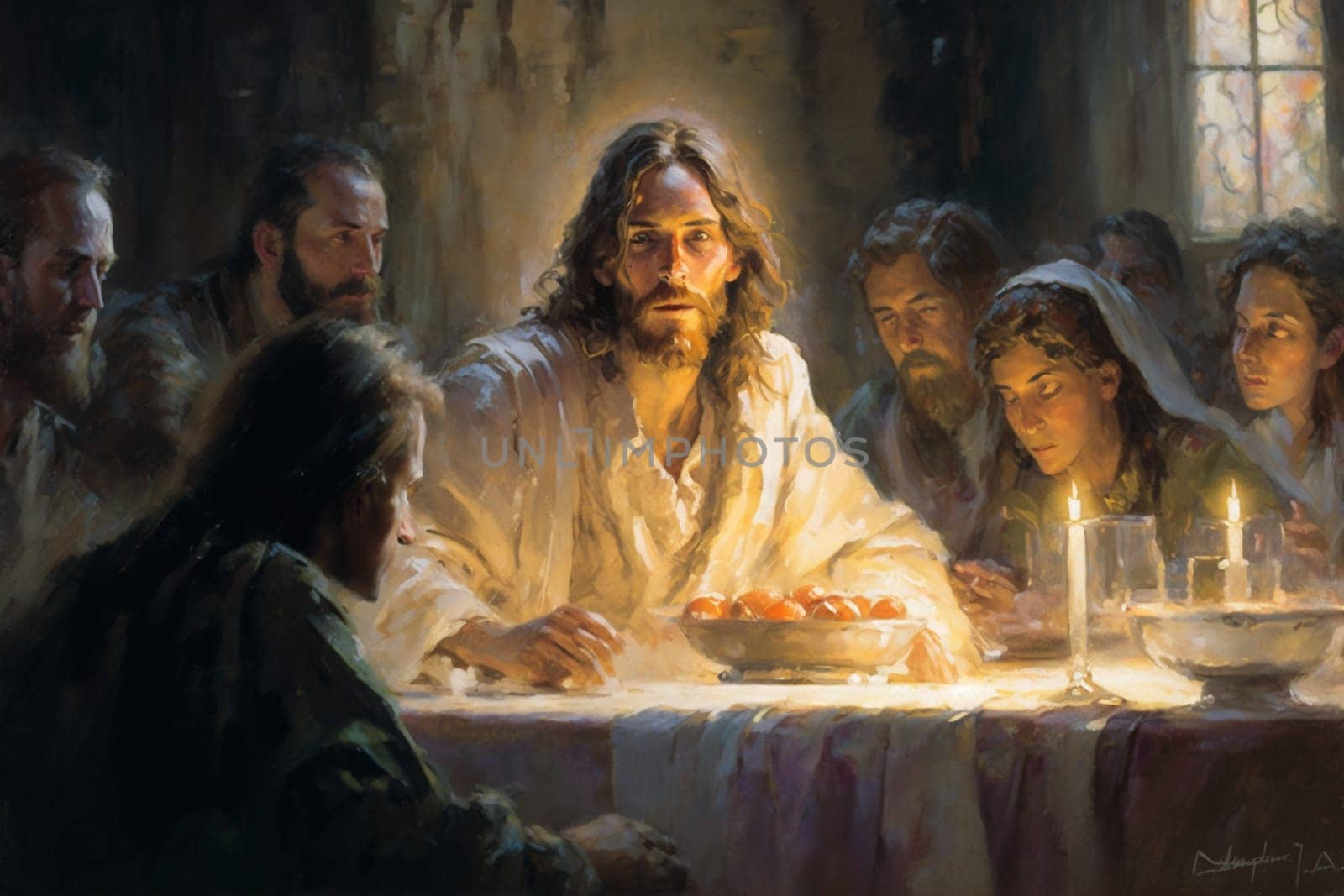 The Last Supper. The religious concept of the assembly of Jesus Christ with the 12 apostles. Bible. Faith. Drawing with paints. Painting.