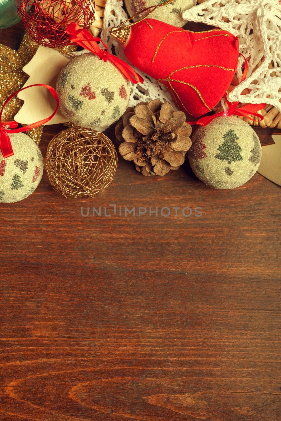 Christmas toys and decorations on wooden table. Xmas ornaments