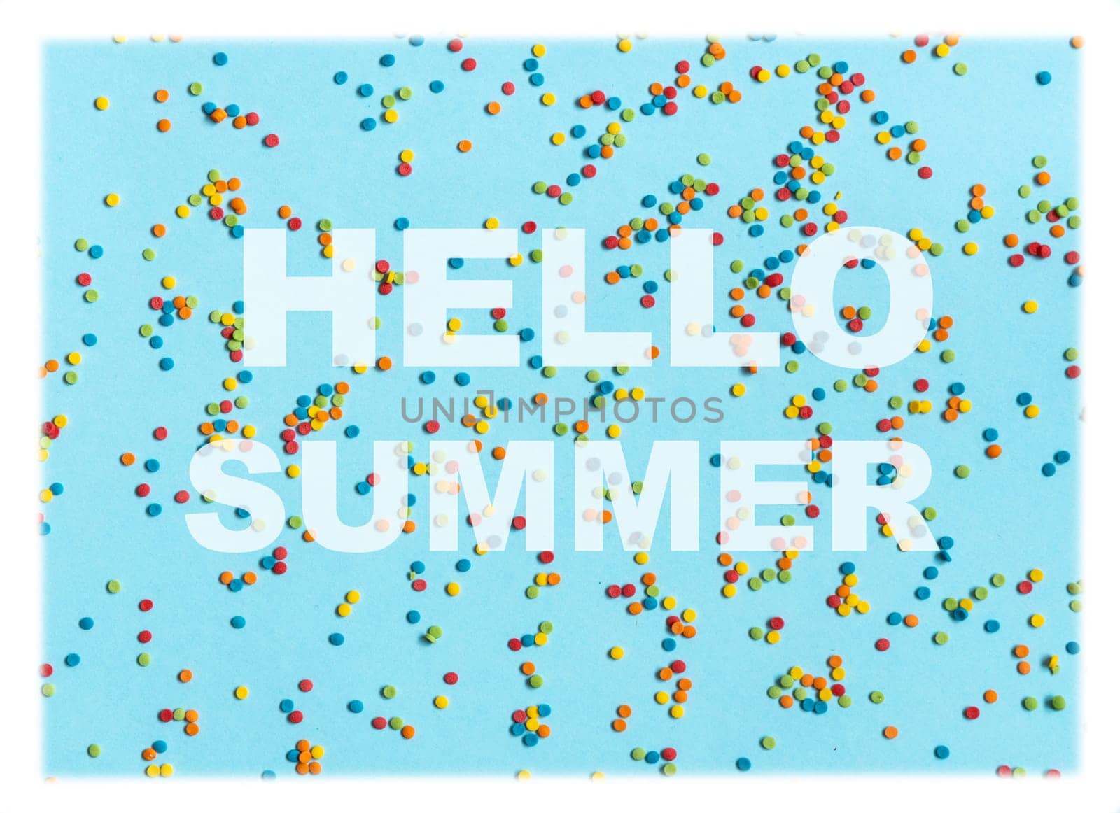 Text Hello summer on blue bsckground with colorful dots. Bright and positive. by Ri6ka