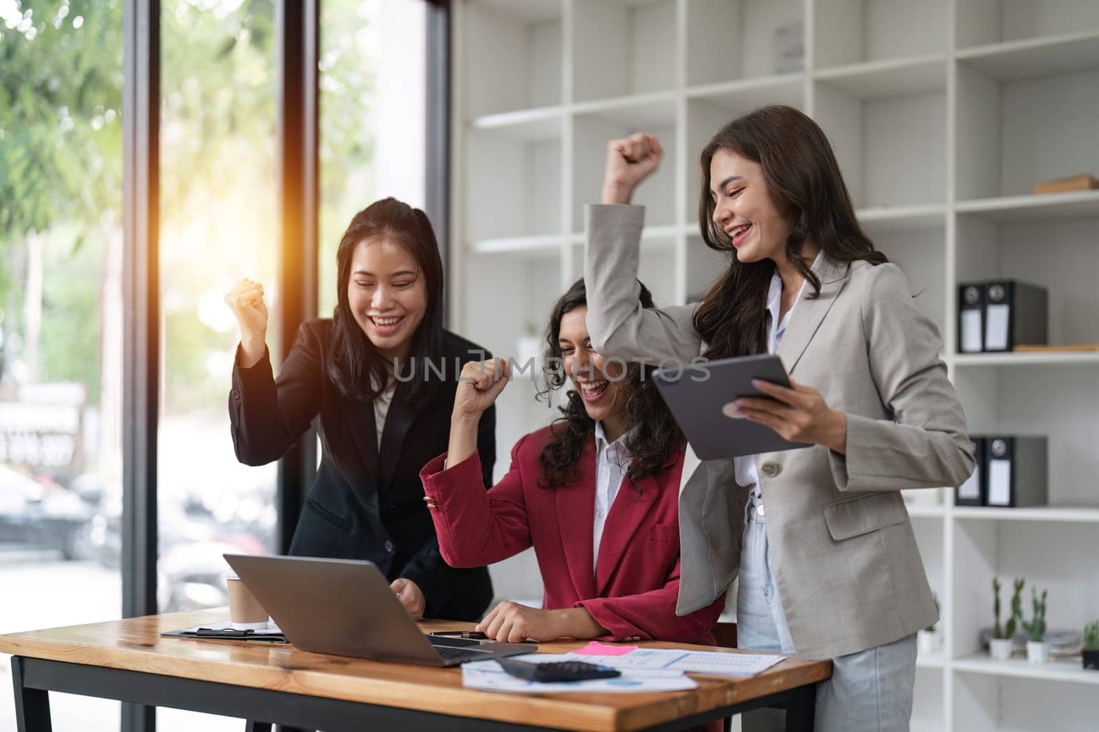 Successful business advisor people achieving goals while using laptop computer.