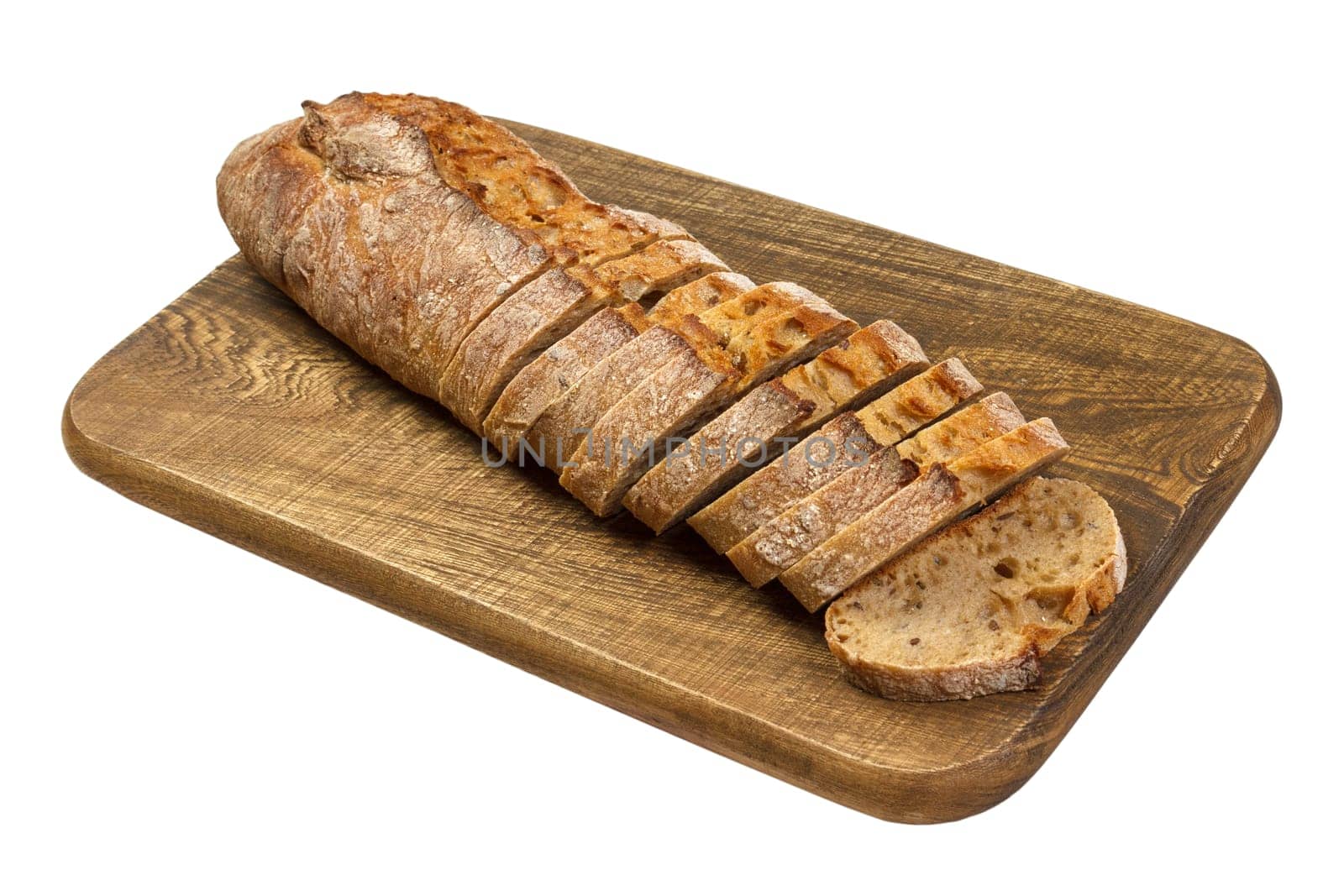 fresh sliced bread on wooden board isolated on white.