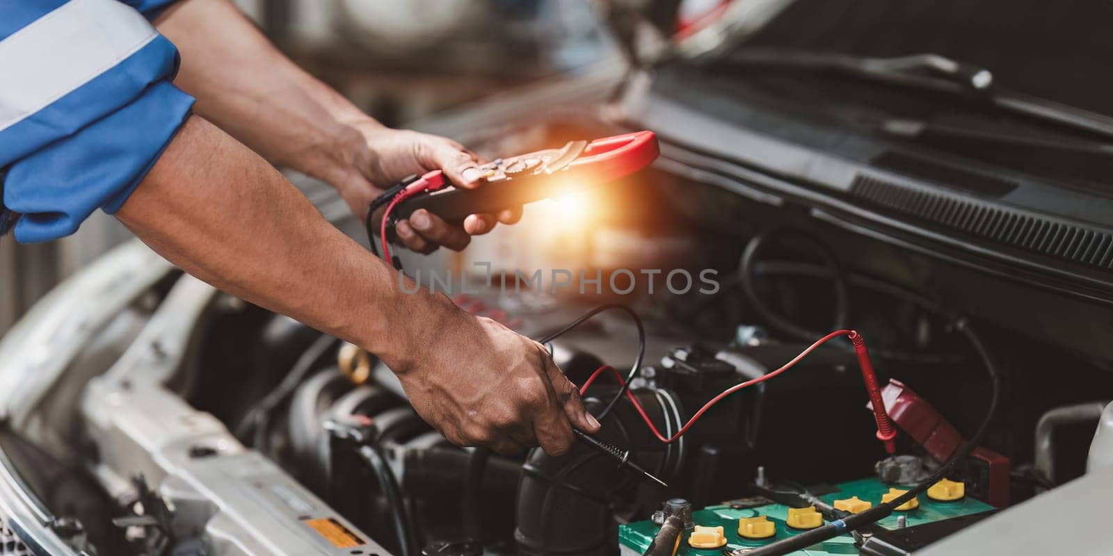 Expert auto mechanic repair and service customer service work on car at garage. automobile car concept.