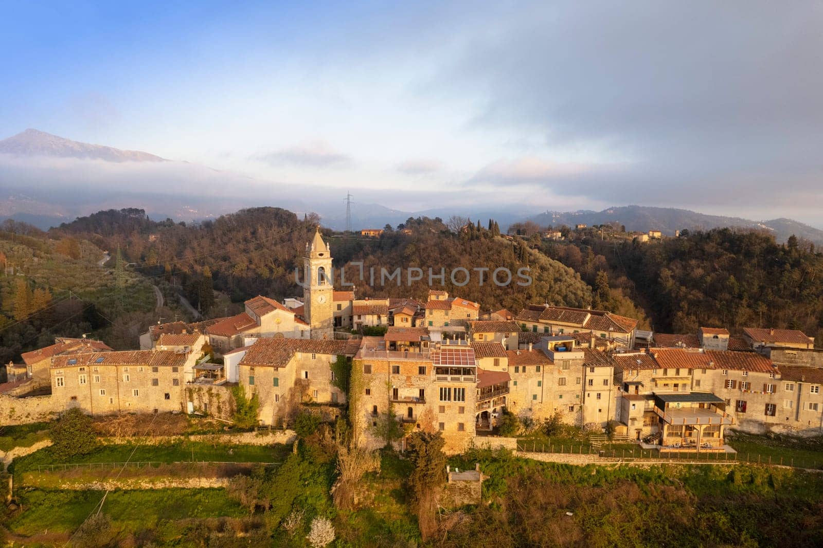 Aerial photographic documentation of the small village of Monteggiori in Versilia Tuscany 