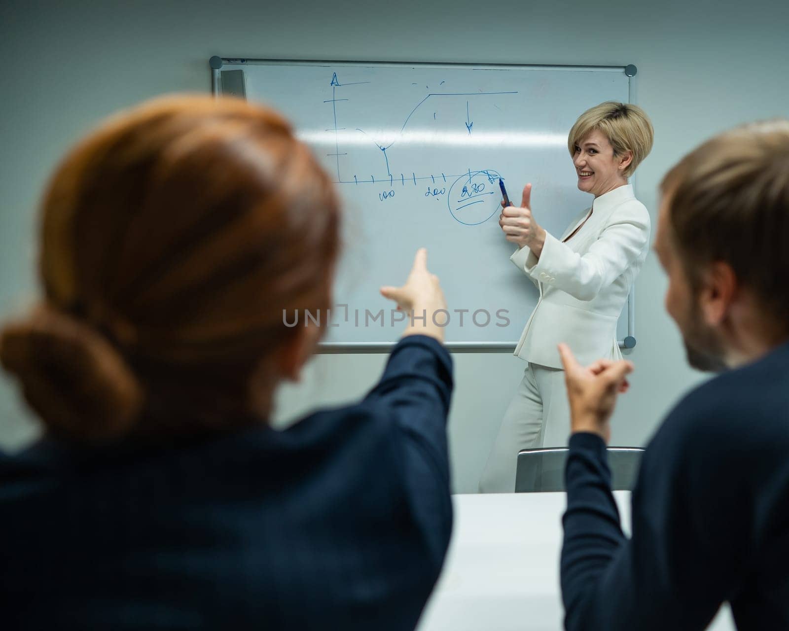 Caucasian woman blonde leads a presentation for colleagues