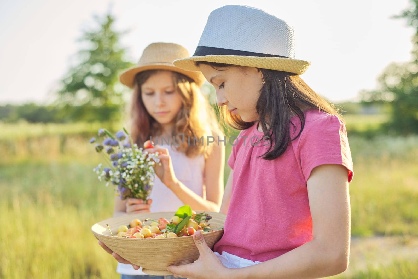 Two girls in meadow on sunny summer day, children walking, with bouquet of wildflowers basket of yellow cherries. Healthy lifestyle and food, sunset landscape background