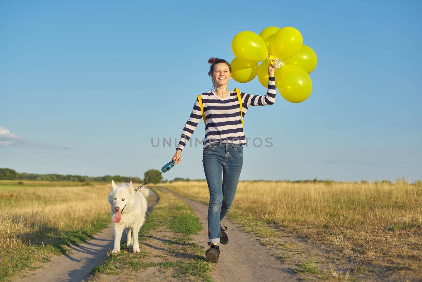 Running girl with white dog and yellow balloons by VH-studio