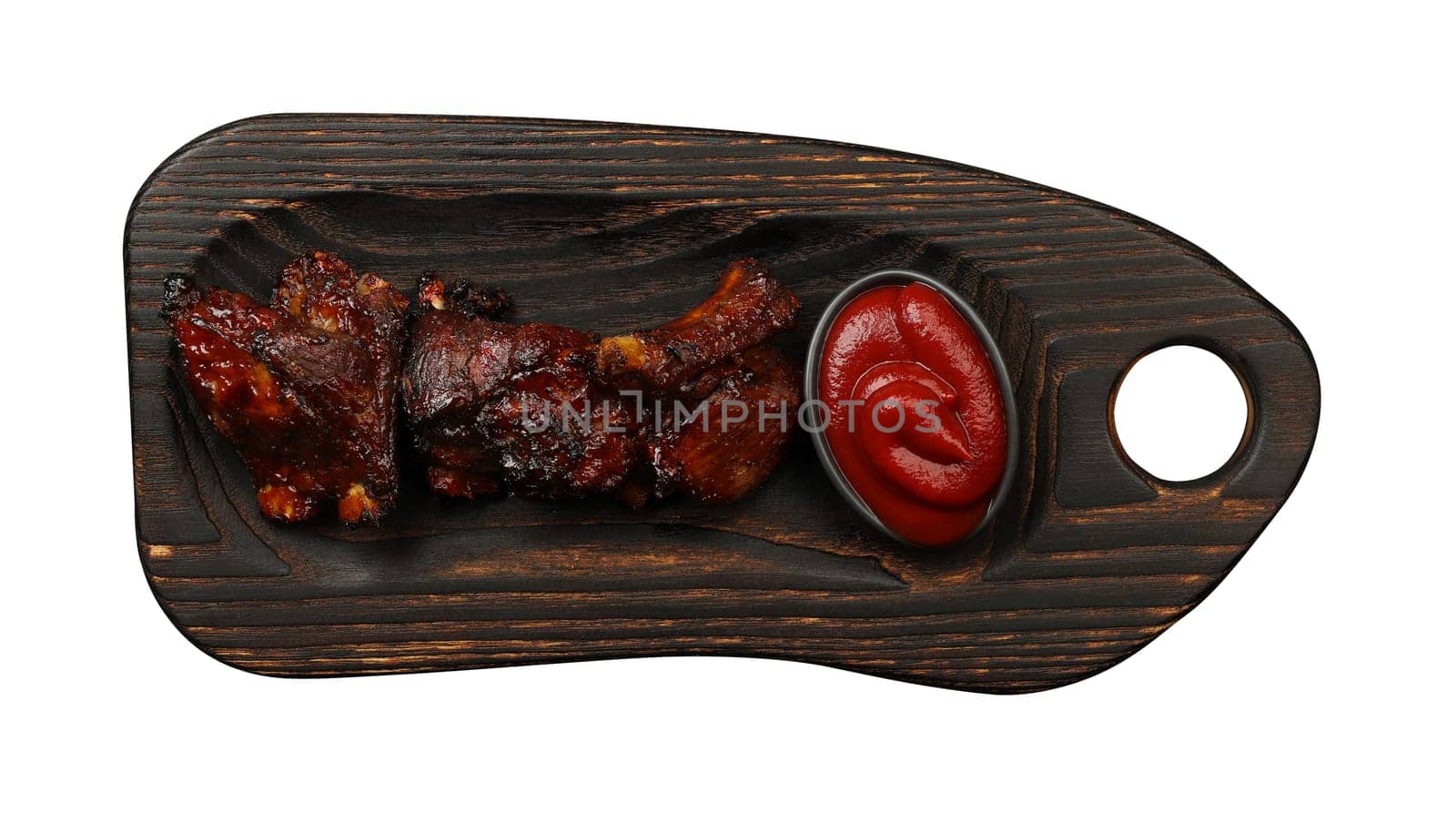 Close up portion of barbecue spare rib slices and BBQ tomato sauce served on wooden boardiosolated on white background, elevated top view, directly above