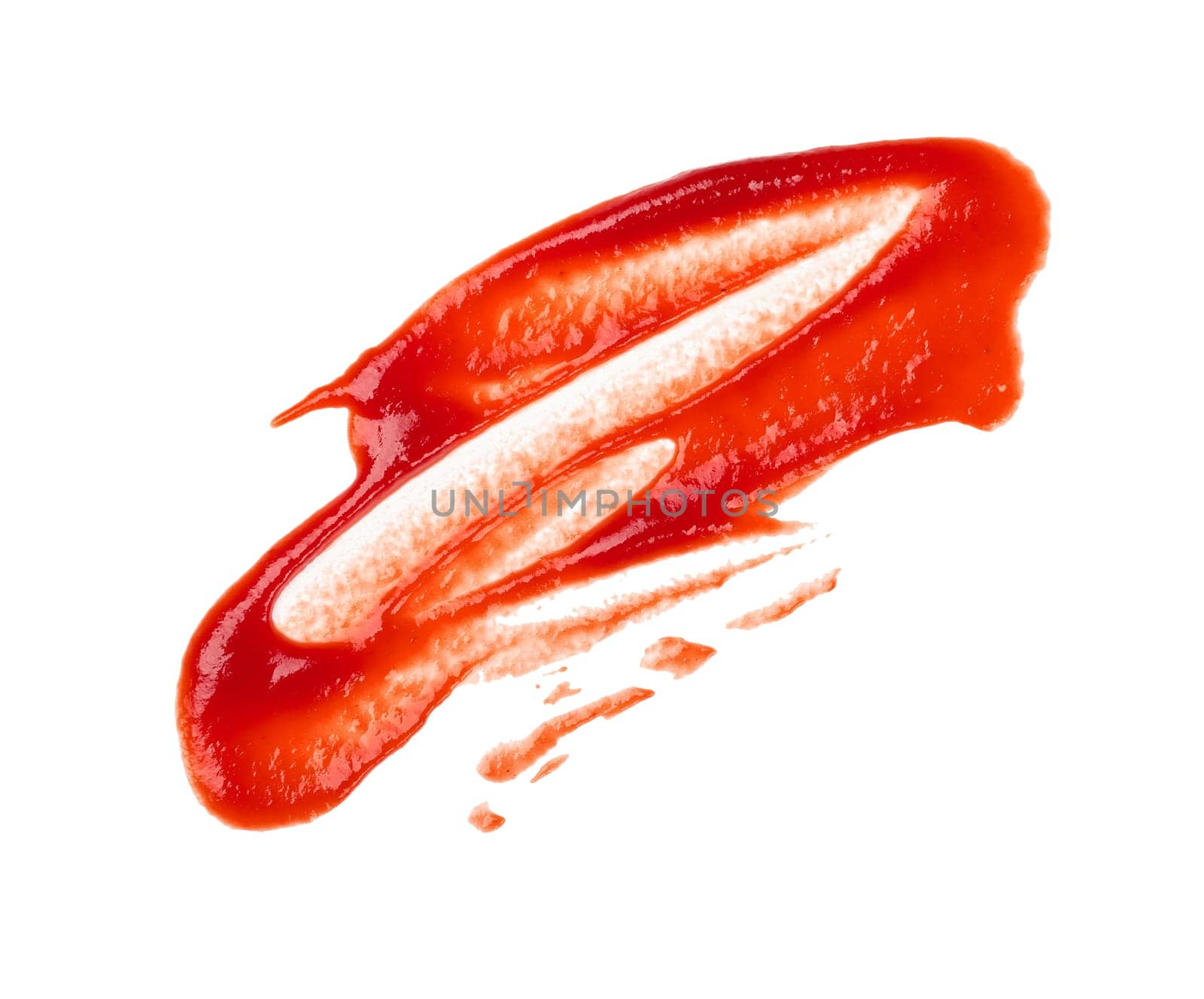 Close up wet stain of red ketchup tomato sauce isolated on white background, top view, directly above