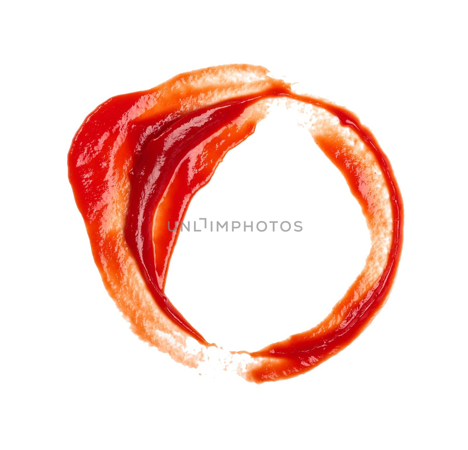 Close up wet stain of red ketchup tomato sauce isolated on white background, top view, directly above