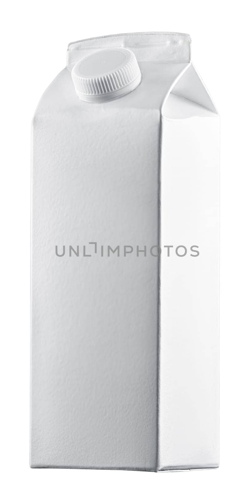 Close up one white beverage carton, milk, juice gable or other drink aseptic composite packaging material, isolated on white background