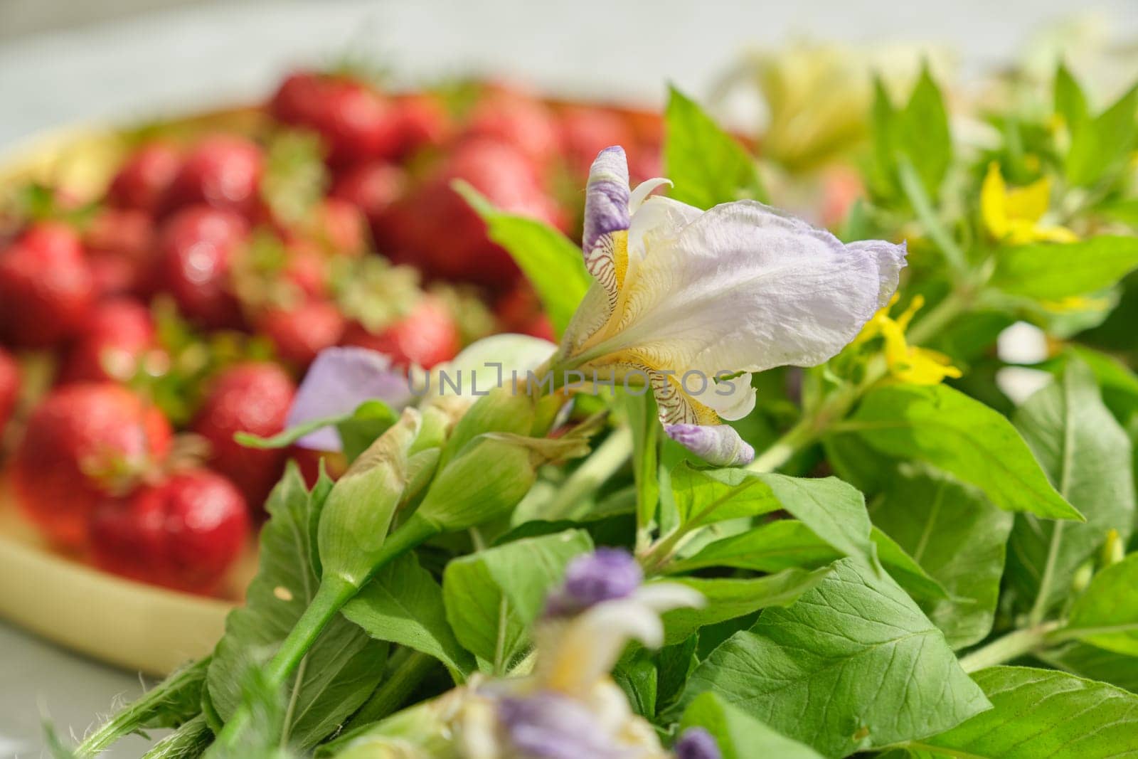 Berries of red ripe strawberry on white table in golden tray, natural vitamins in spring season, healthy eating. Bouquet of flowers lying near strawberries