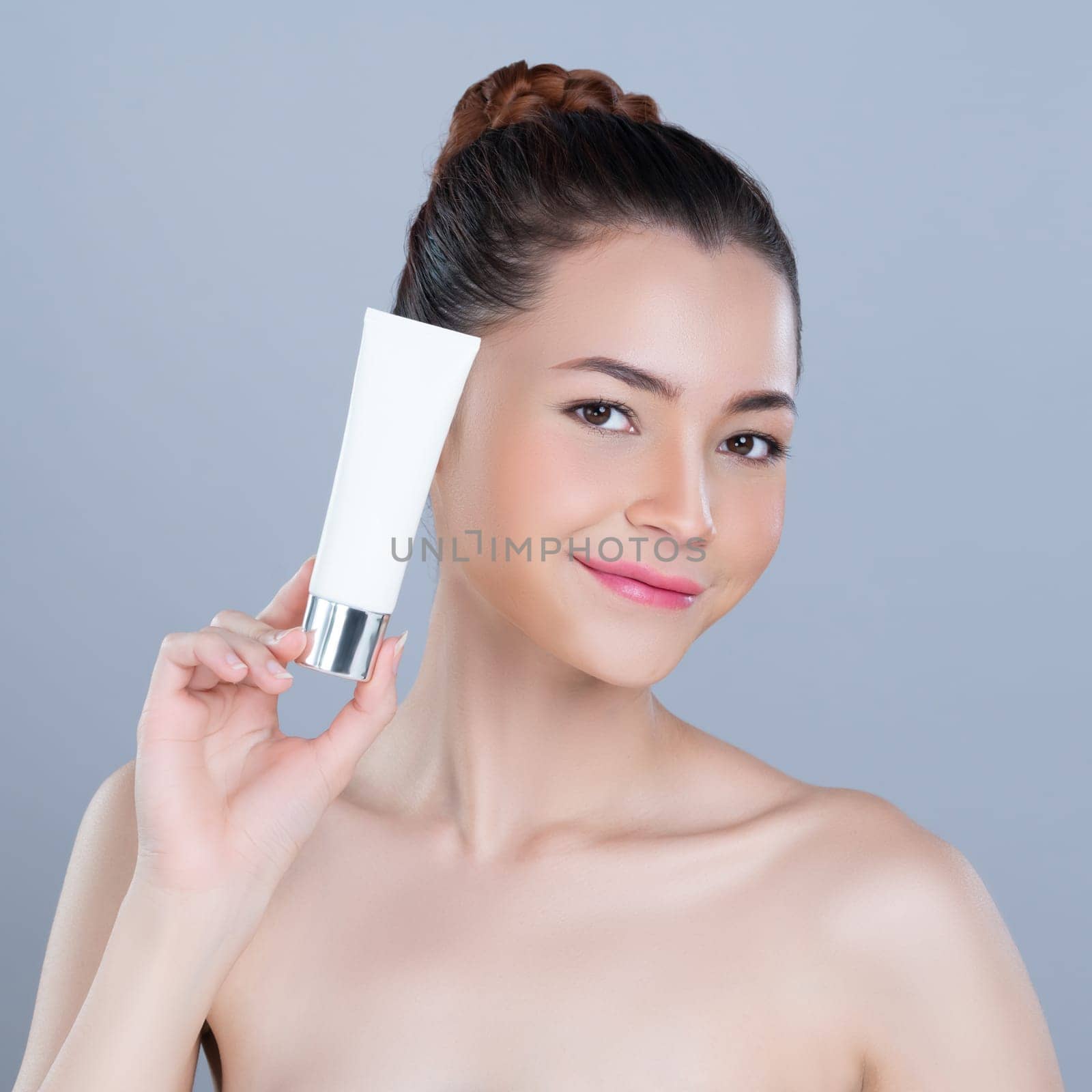 Glamorous beautiful perfect natural cosmetic skin woman portrait hold mockup tub moisturizer cream for skincare treatment, anti-aging product advertisement in isolated background.