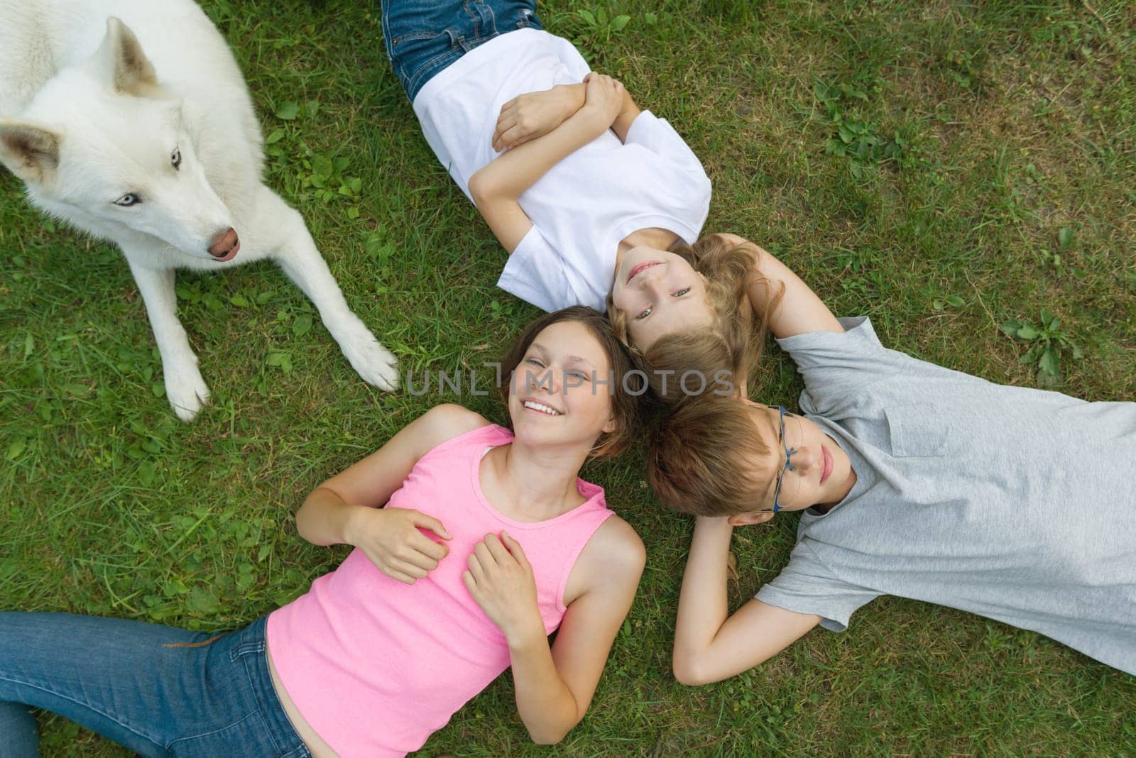 Children with dog on green grass, top view.