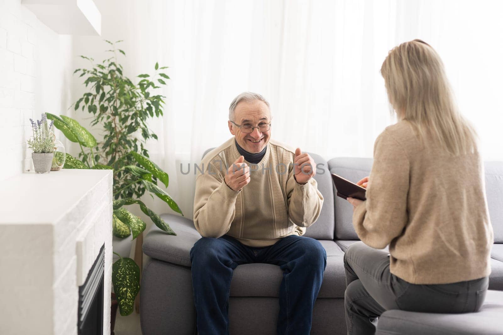 Caregiver psychologist console american senior people for mental health, geriatric psychology, Depressed senior man talking with female psychologist, desperate people, emotions sad, elderly worry,