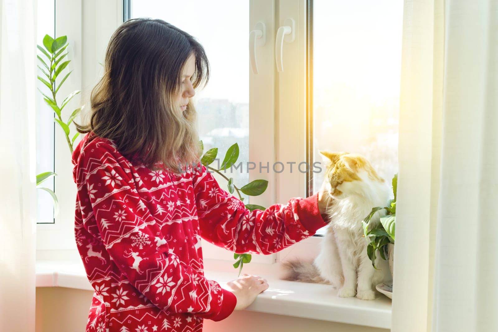 Winter time at home, young girl in winter warm pajamas with a cat looking out the window by VH-studio
