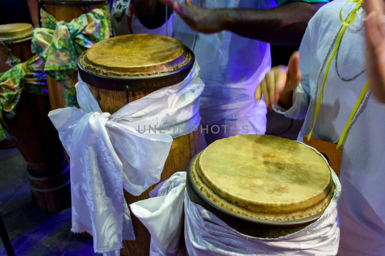 Some drums called atabaque in Brazil used during a typical Umbanda ceremony, an Afro-Brazilian religion where they are the main instruments