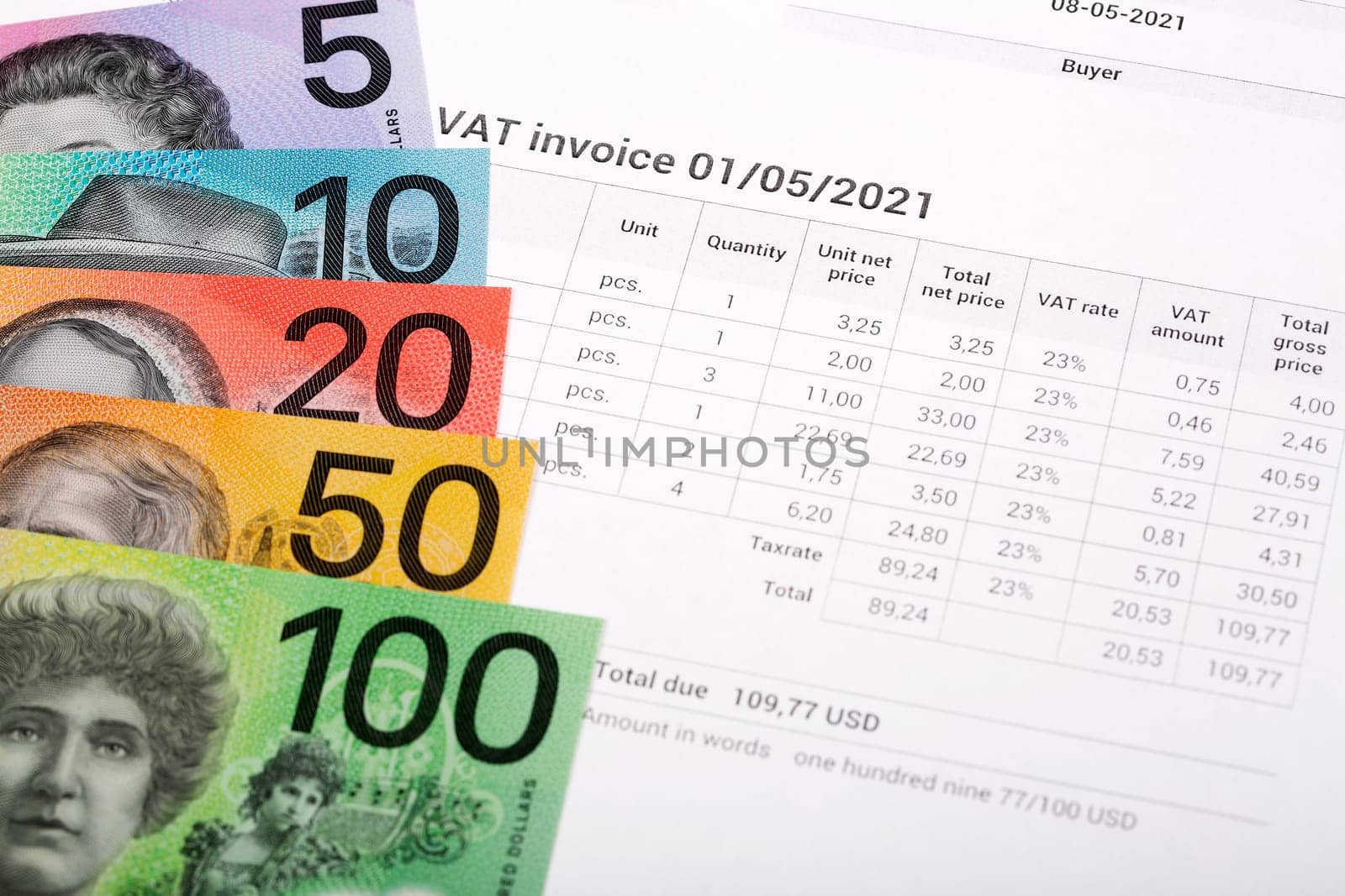 VAT invoice with Australian money