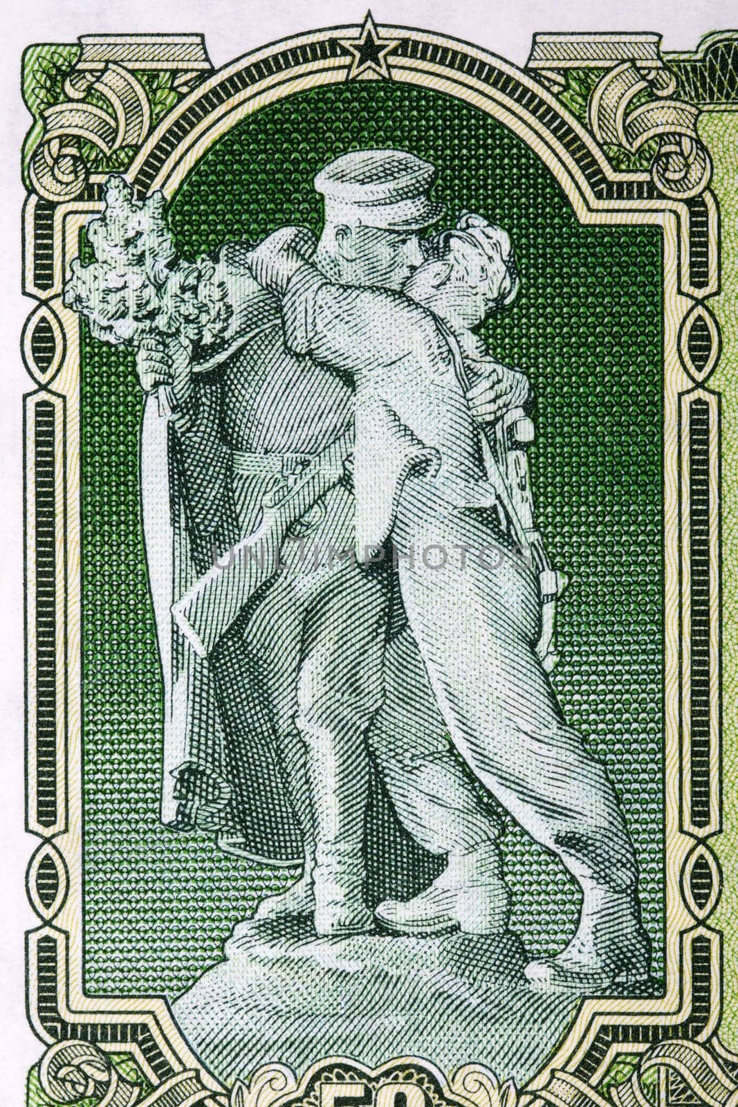 Statue of partisan with Russian soldier from Czechoslovak money by johan10