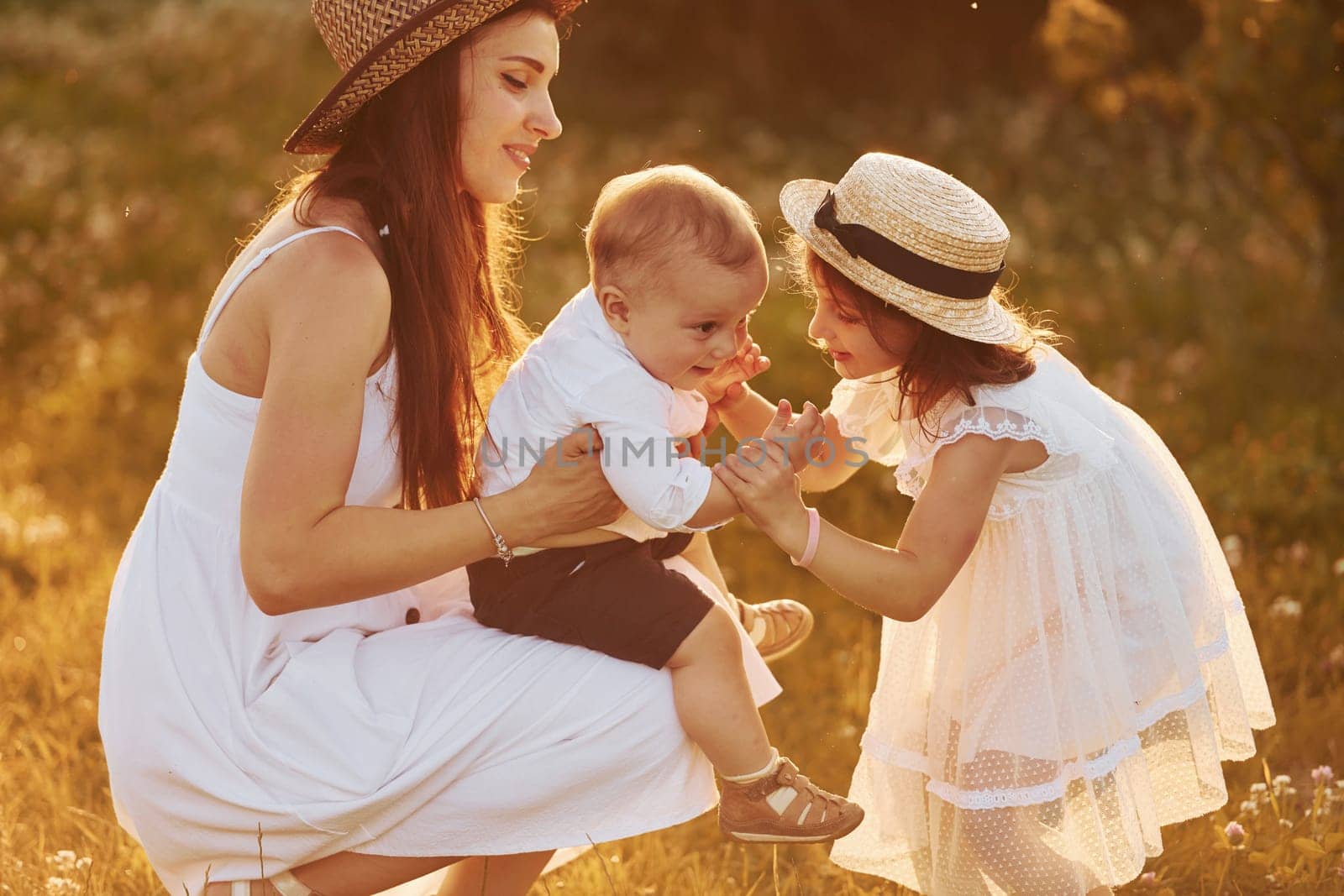 Happy family of mother, little son and daughter spending free time on the field at sunny day time of summer.