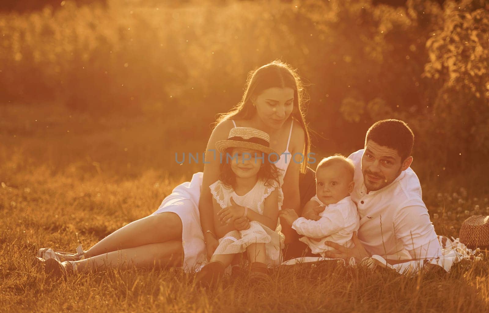 Sitting on the grass. Father, mother with daughter and son spending free time outdoors at sunny day time of summer.
