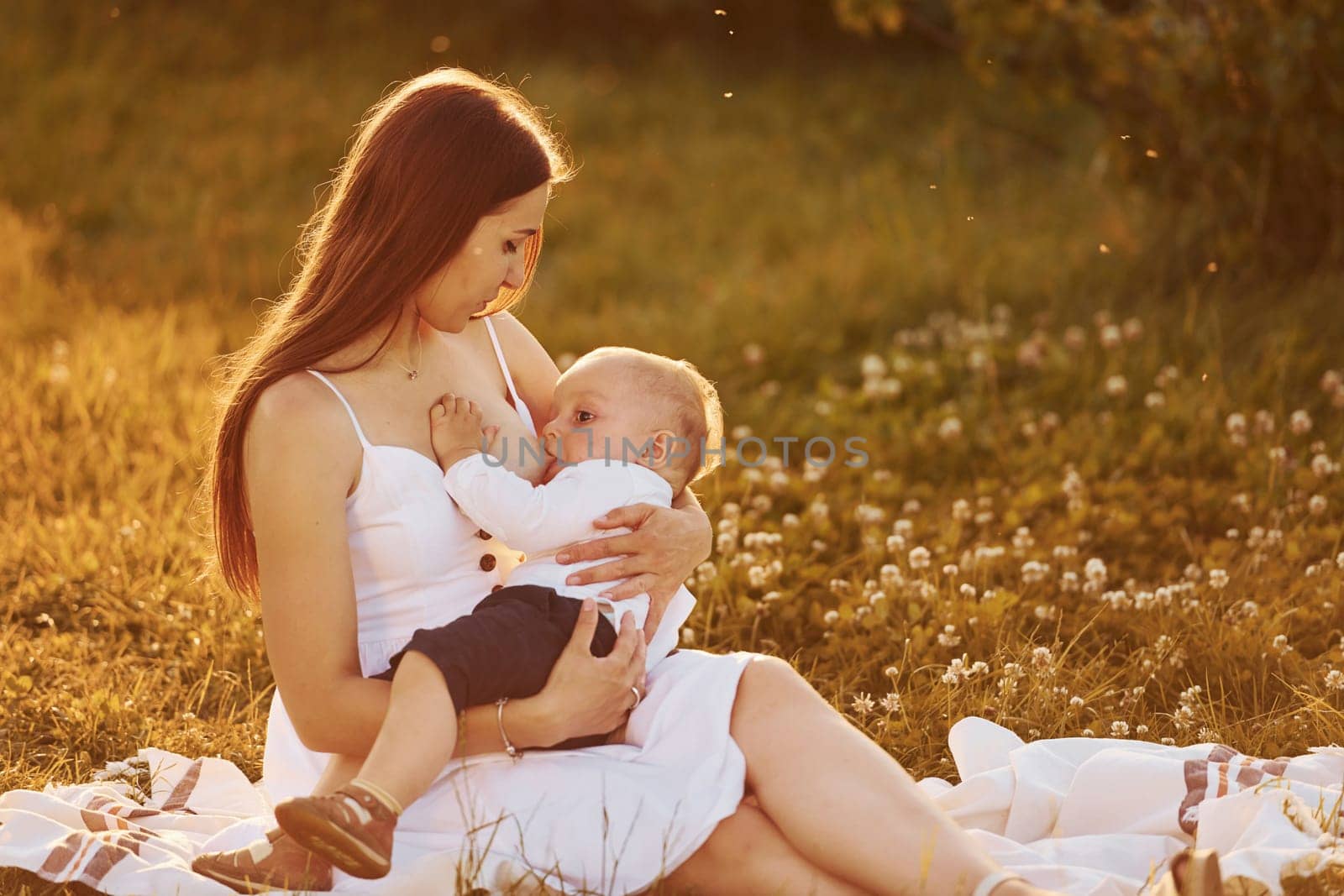 Happy mother breastfeeding her son on the field at sunny day time of summer.