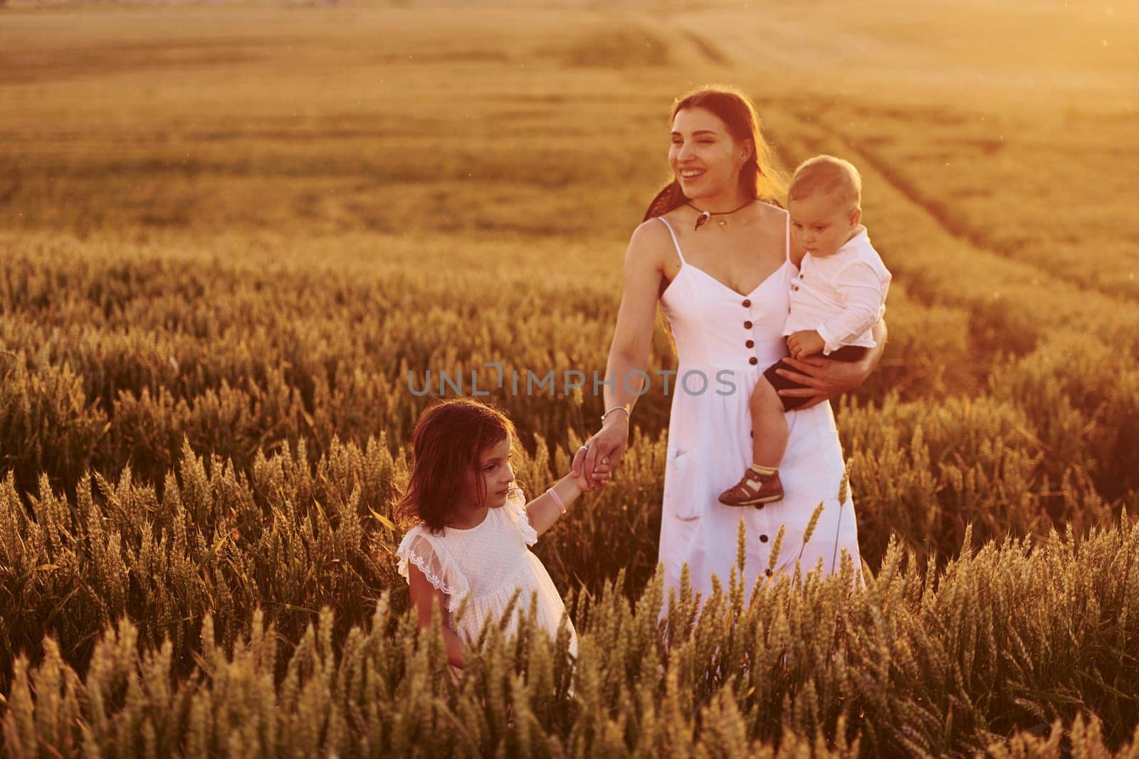 Cheerful family of mother, little son and daughter spending free time on the field at sunny day time of summer by Standret