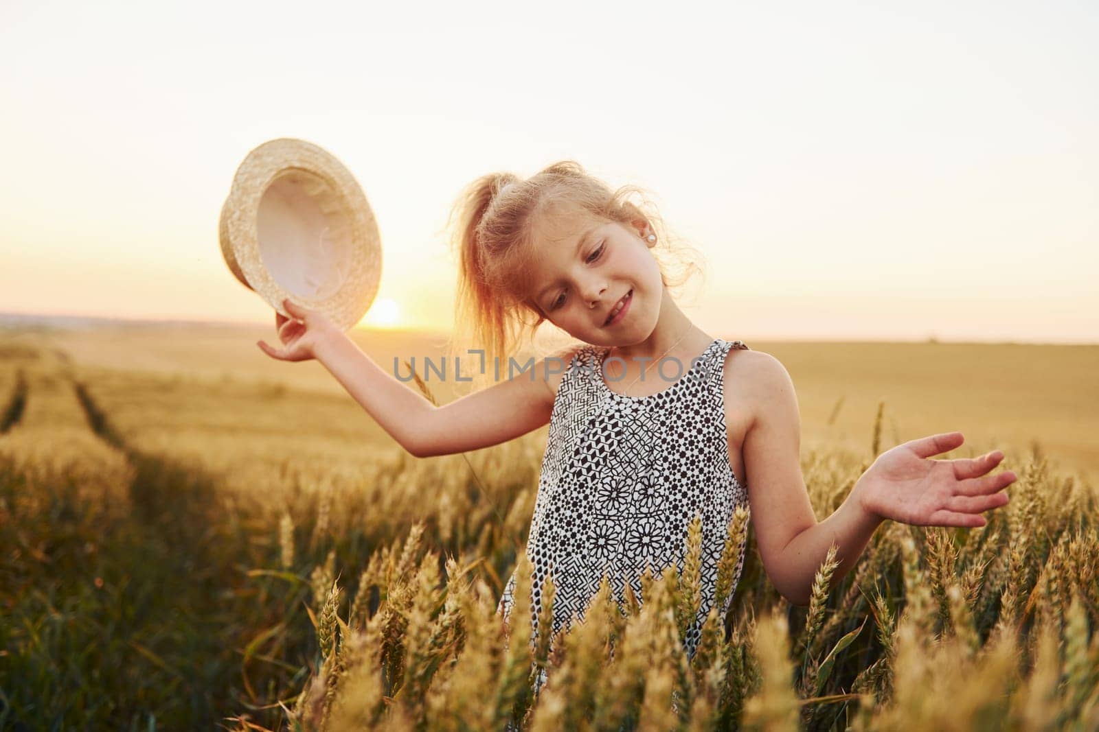 Little girl standing on the agricultural field at evening time. Conception of summer free time by Standret