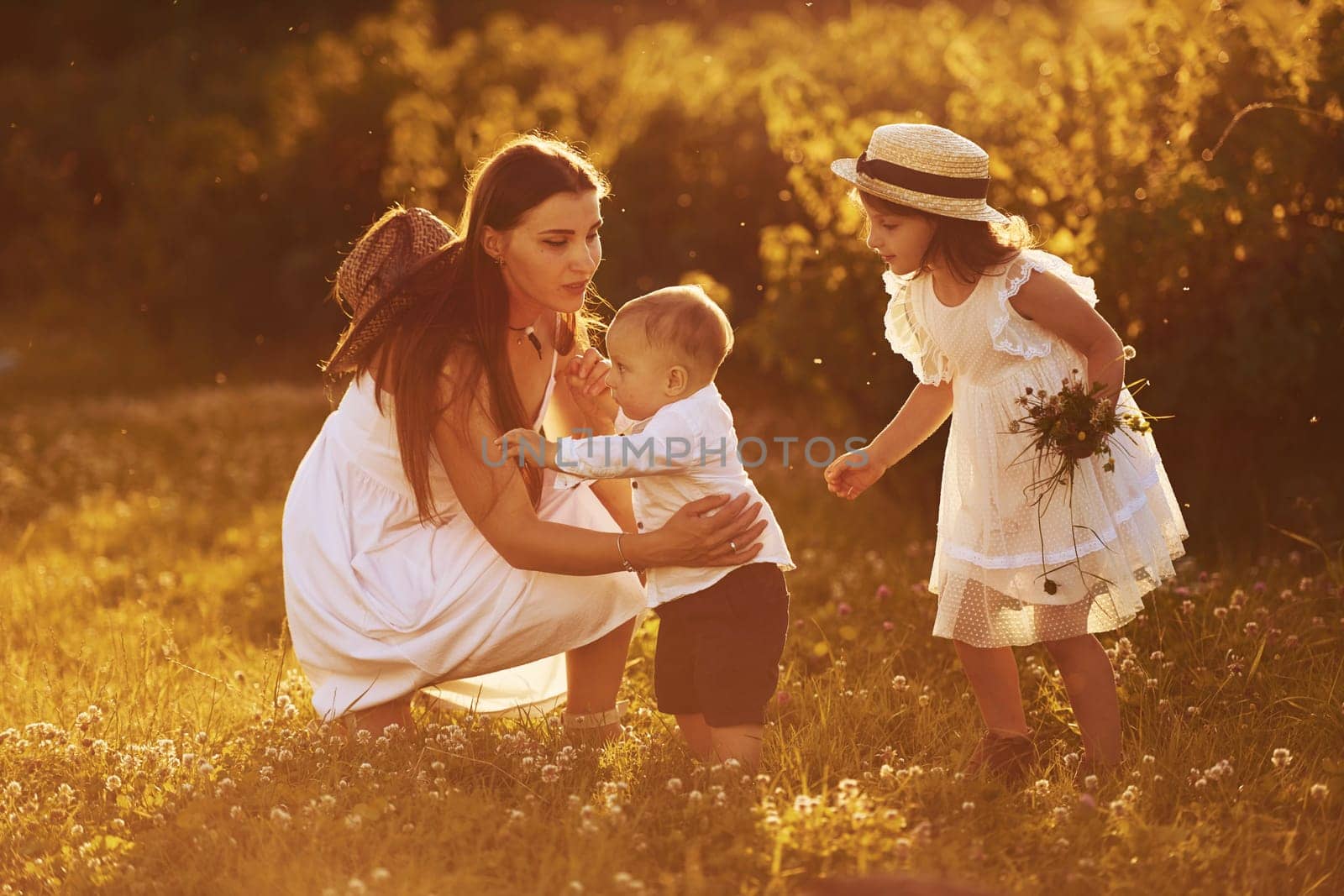 Cheerful family of mother, little son and daughter spending free time on the field at sunny day time of summer.