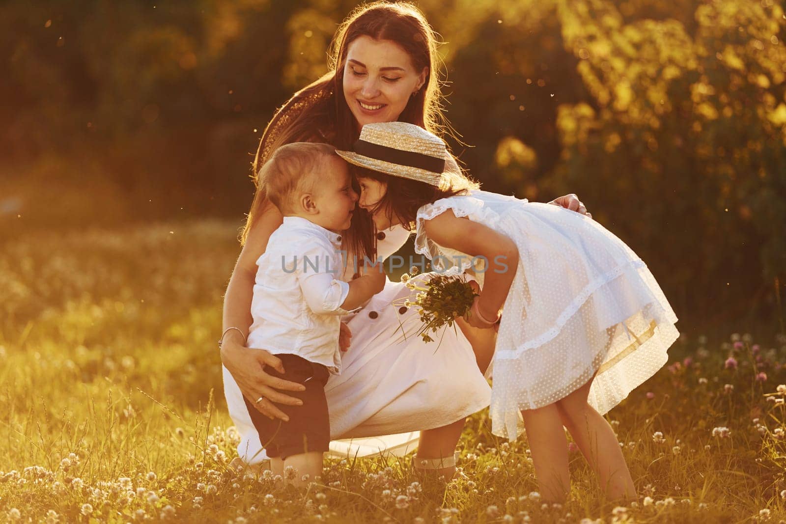 Happy family of mother, little son and daughter spending free time on the meadow at sunny day time of summer by Standret