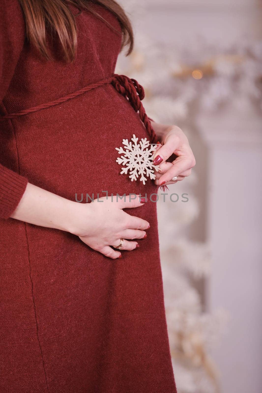pregnant woman near the Christmas tree. belly close up by Andriimedvediuk