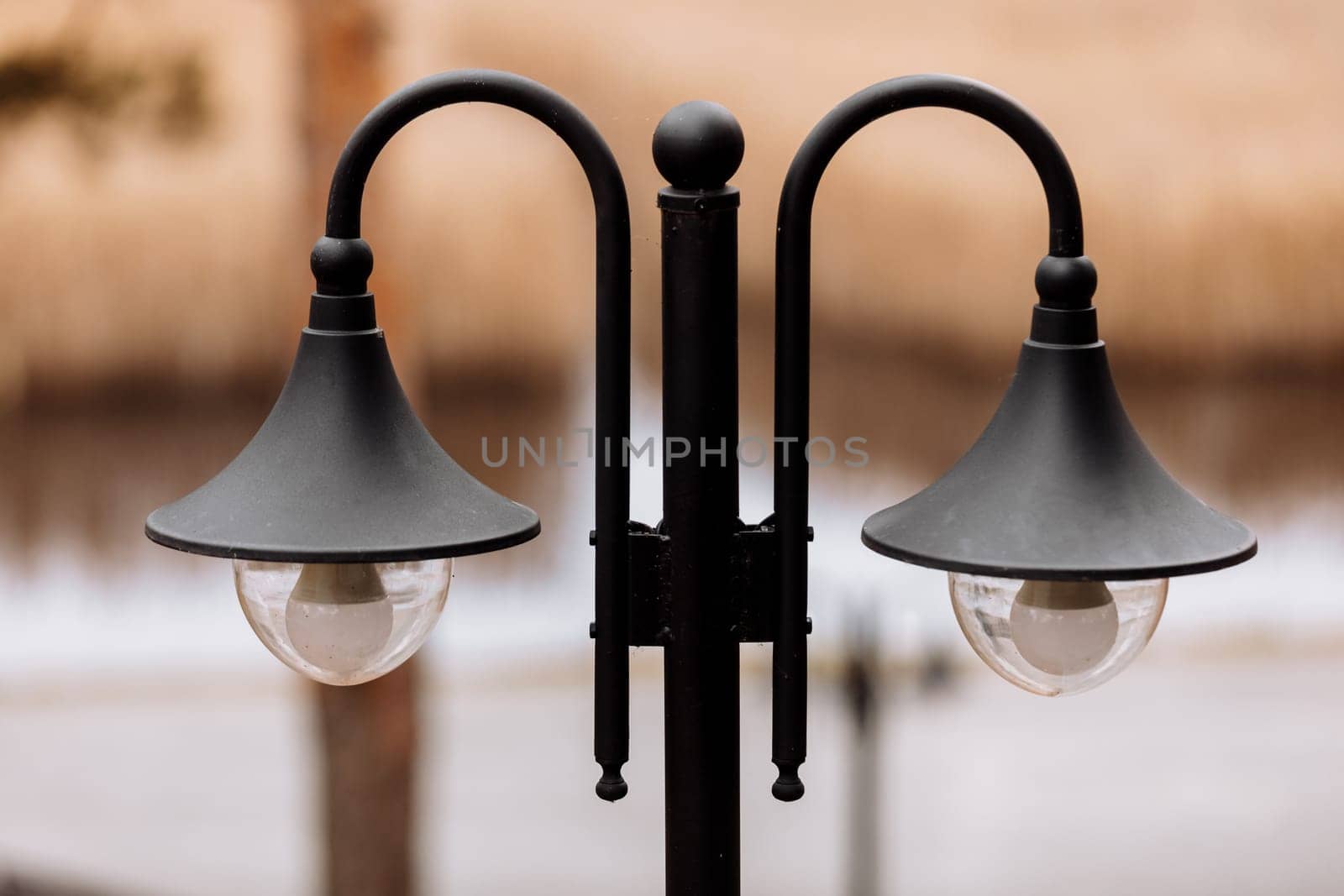 Black iron retro style street lantern in front of the park and river.