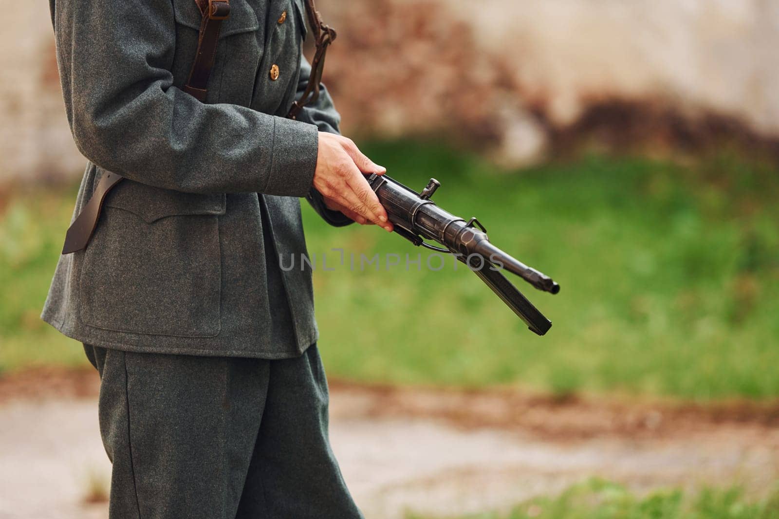 TERNOPIL, UKRAINE - June 2020 UPA Ukrainian Insurgent Army movie filming. Pictures of backstage. Close up view of young soldier with weapon.