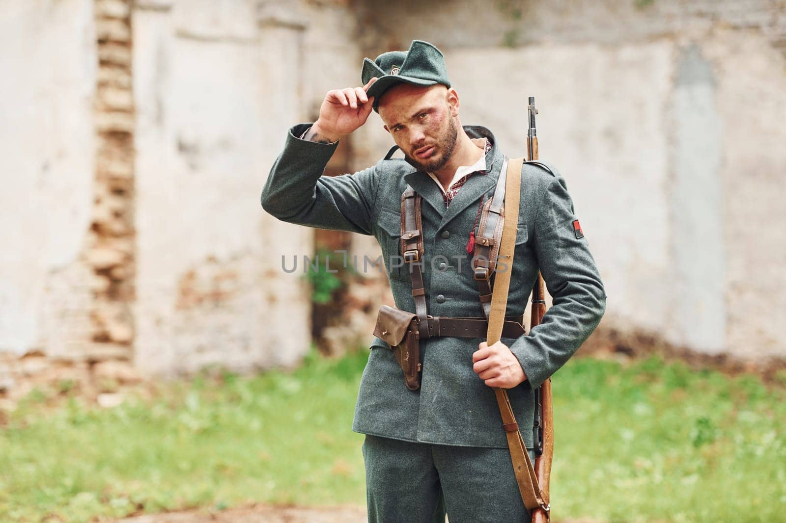 TERNOPIL, UKRAINE - June 2020 UPA Ukrainian Insurgent Army movie filming. Pictures of backstage. Young soldier with weapon.