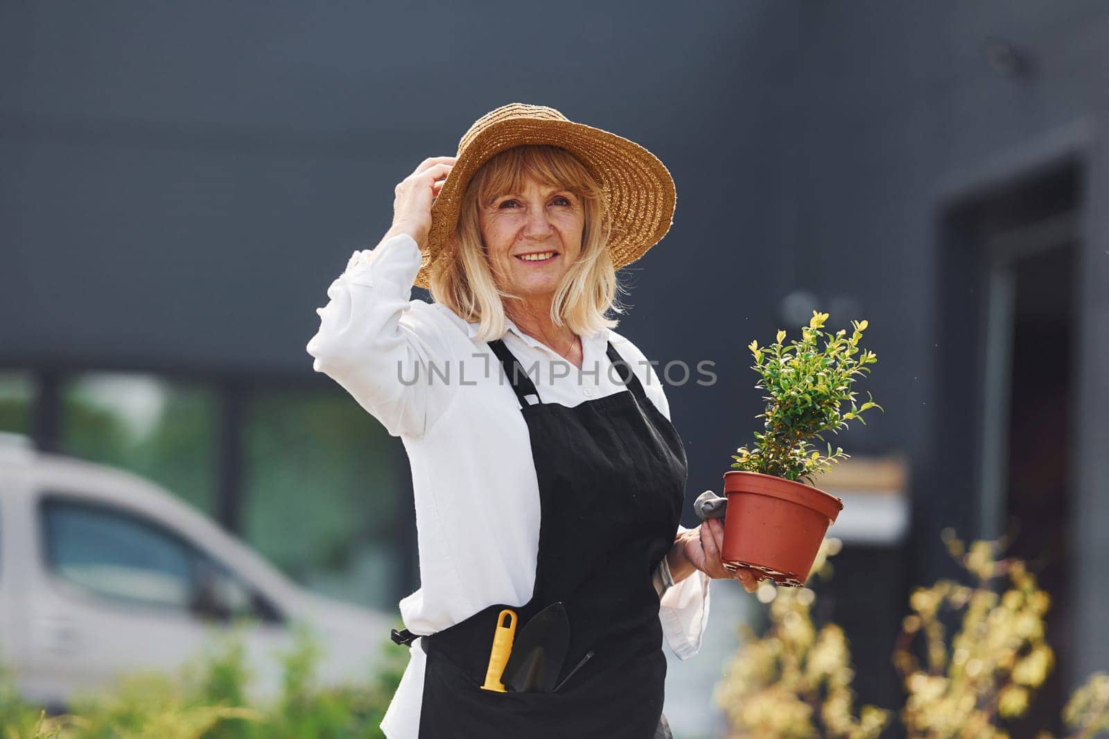 Holding pot in hands. Senior woman is in the mini garden at daytime. Building exterior behind.