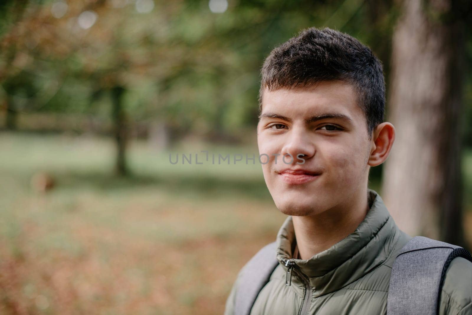 a guy in a jacket stands on an alley in the park during the fall season. Portrait oh handsome teen guy, young man in hoodie, down jacket standing, walking in beautiful golden autumn park, looking at camera. Natural background, colourful leaves, trees. Portrait of young smiling man in casual jacket looks at camera on autumn nature background in countryside or in park. Concept of style, walking in fresh air and unity with nature by Andrii_Ko