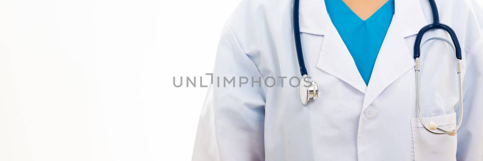 Doctor Day Concept. Confident female nurse standing with stethoscope, woman doctor in white uniform, isolated on over white background, medical and healthcare insurance
