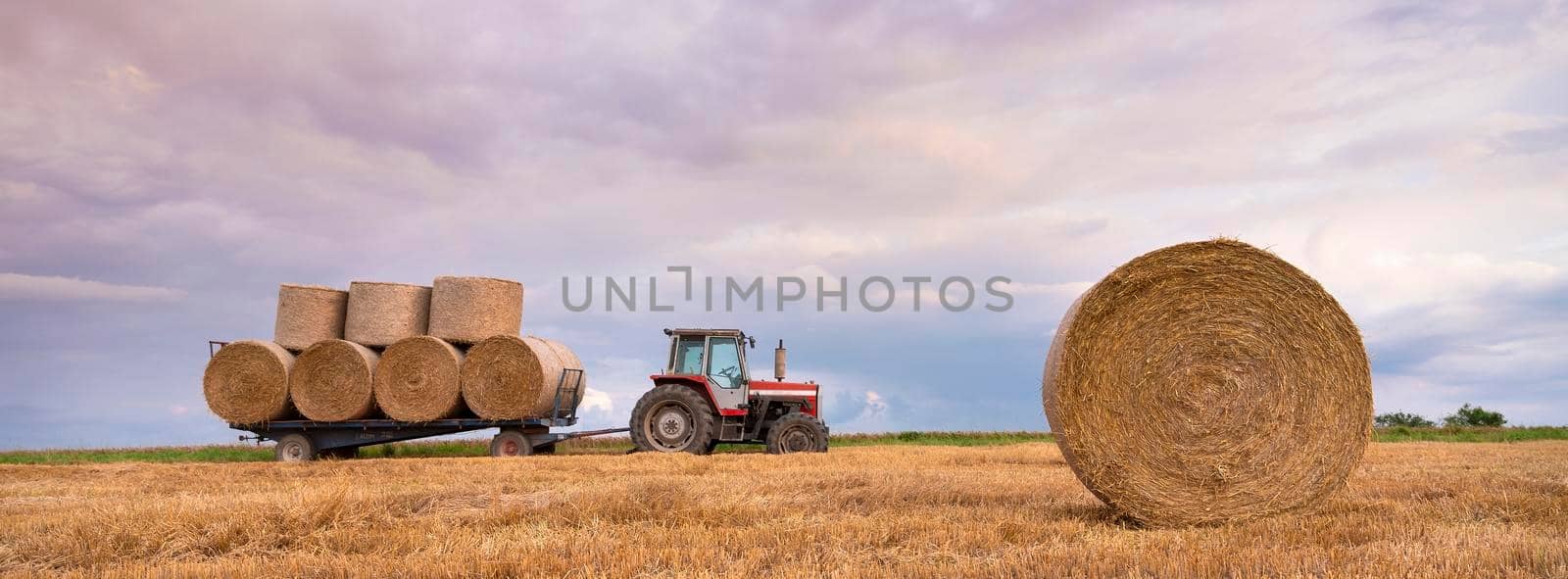 landscape with straw bales and tractor in french ardennes under cloudy sky during sunset in summer
