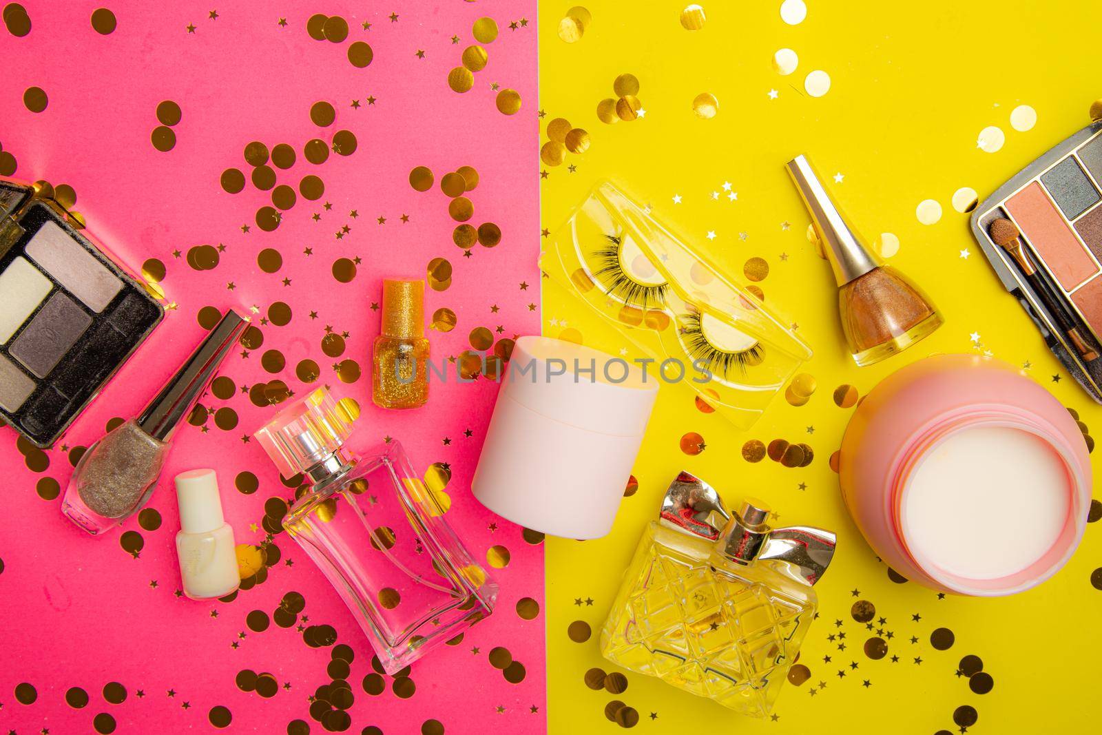 Bright makeup layout . Fashion industry. Cosmetology. Makeup Glitter Bright background