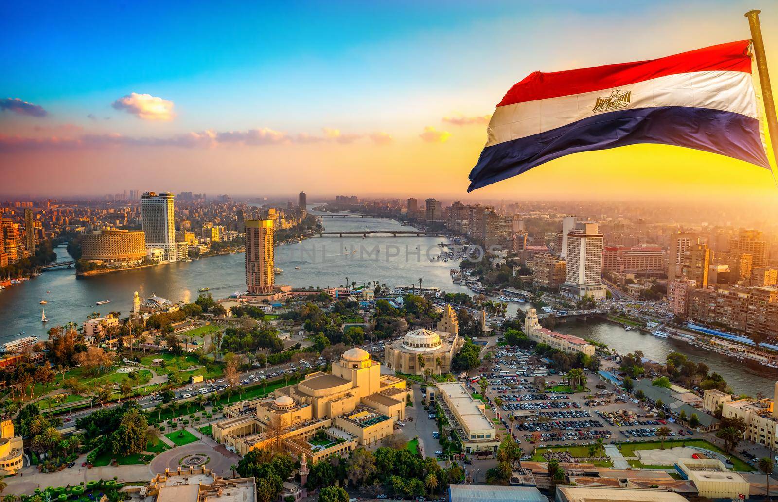 Panorama of Cairo cityscape taken during the sunset from the famous Cairo tower, Cairo, Egypt