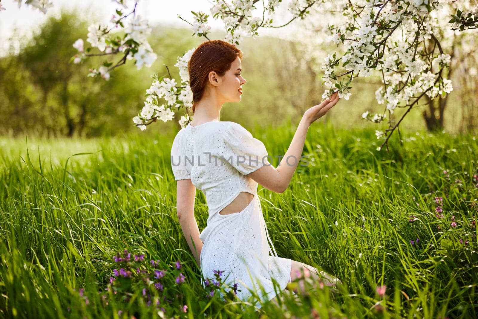 sweet, beautiful woman in a light short dress touches the branches of a flowering tree by Vichizh