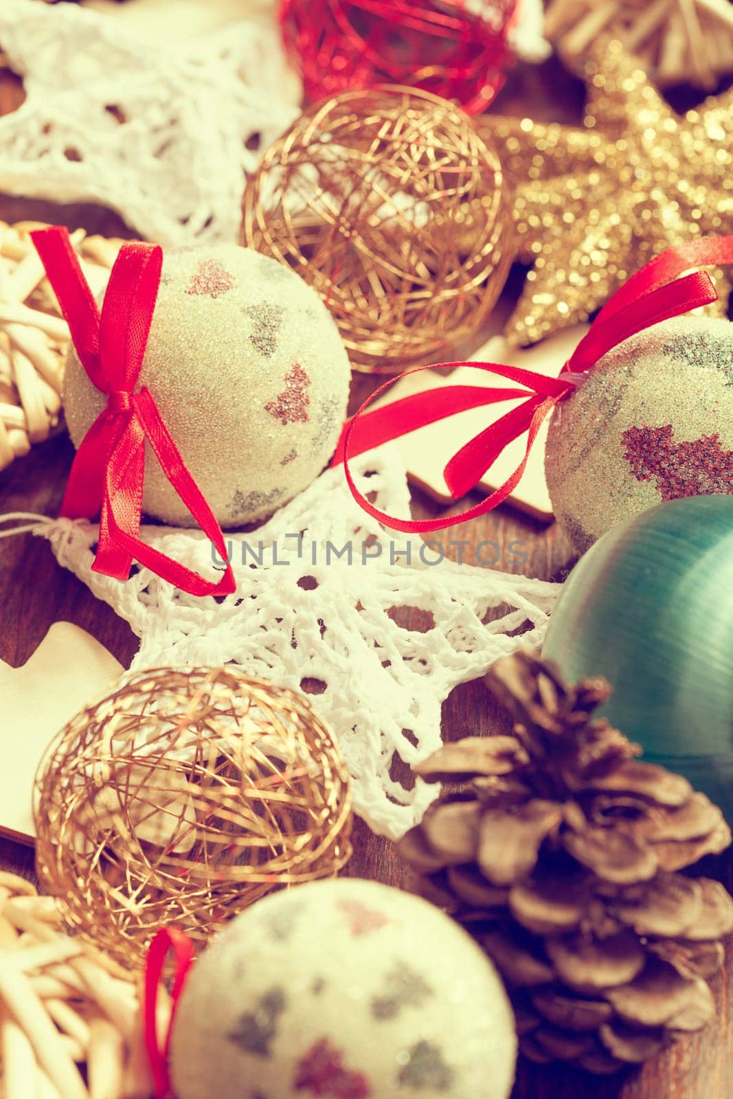 Christmas ornaments in vintage soft light. Xmas decorations
