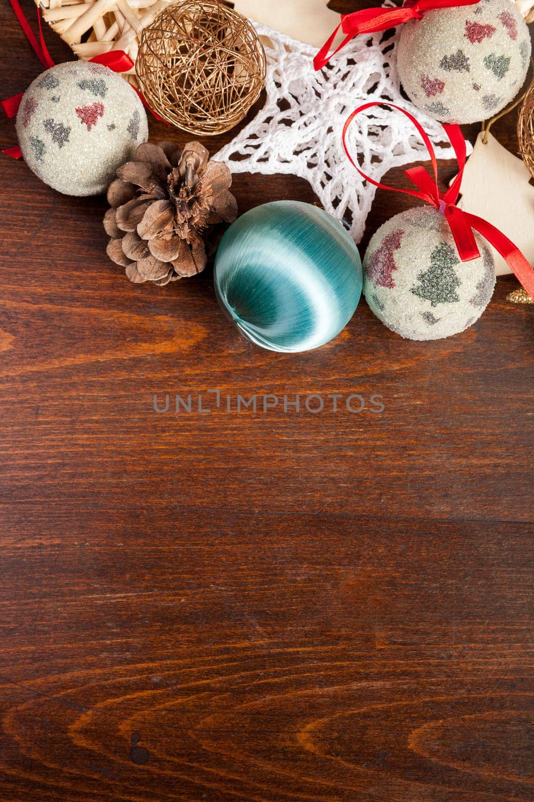 Christmas decorations on wooden background. Winter decorations table