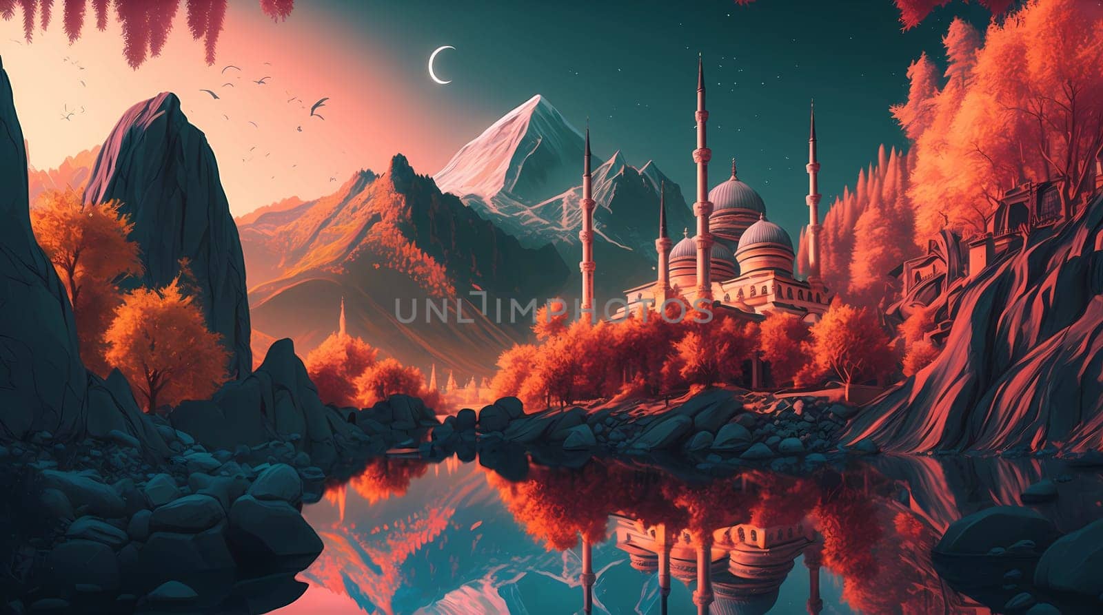 Colorful illustration of Muslim mosque. Beautiful landscape with a pond, mountains and birds. Illustration.