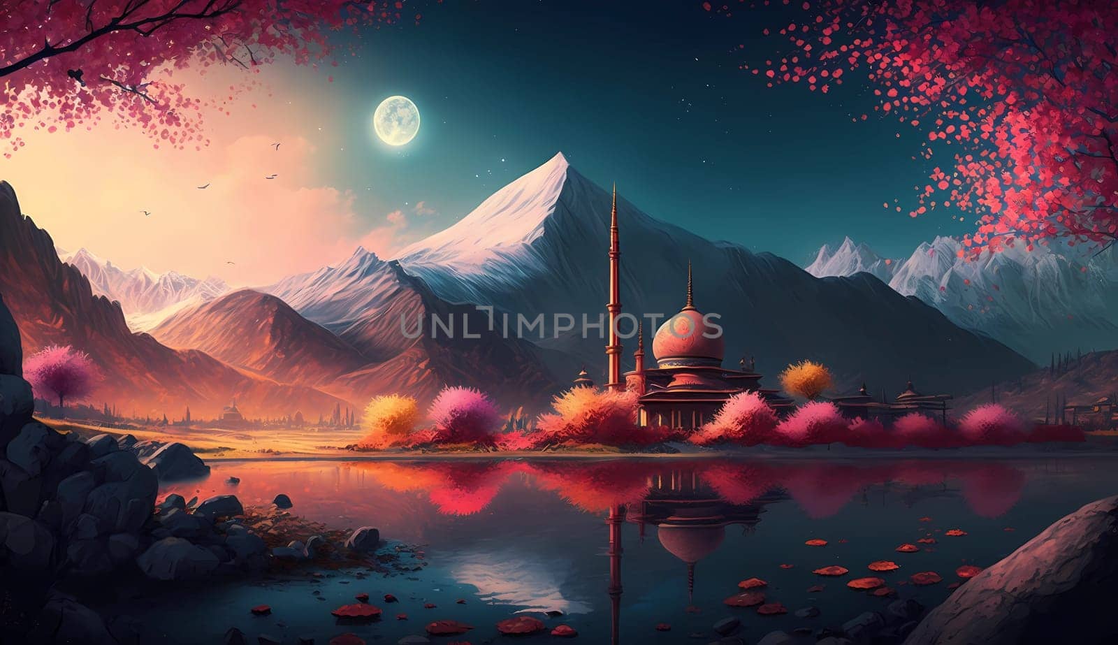 Colorful illustration of Muslim mosque. Beautiful landscape with a pond, mountains and birds. Illustration.