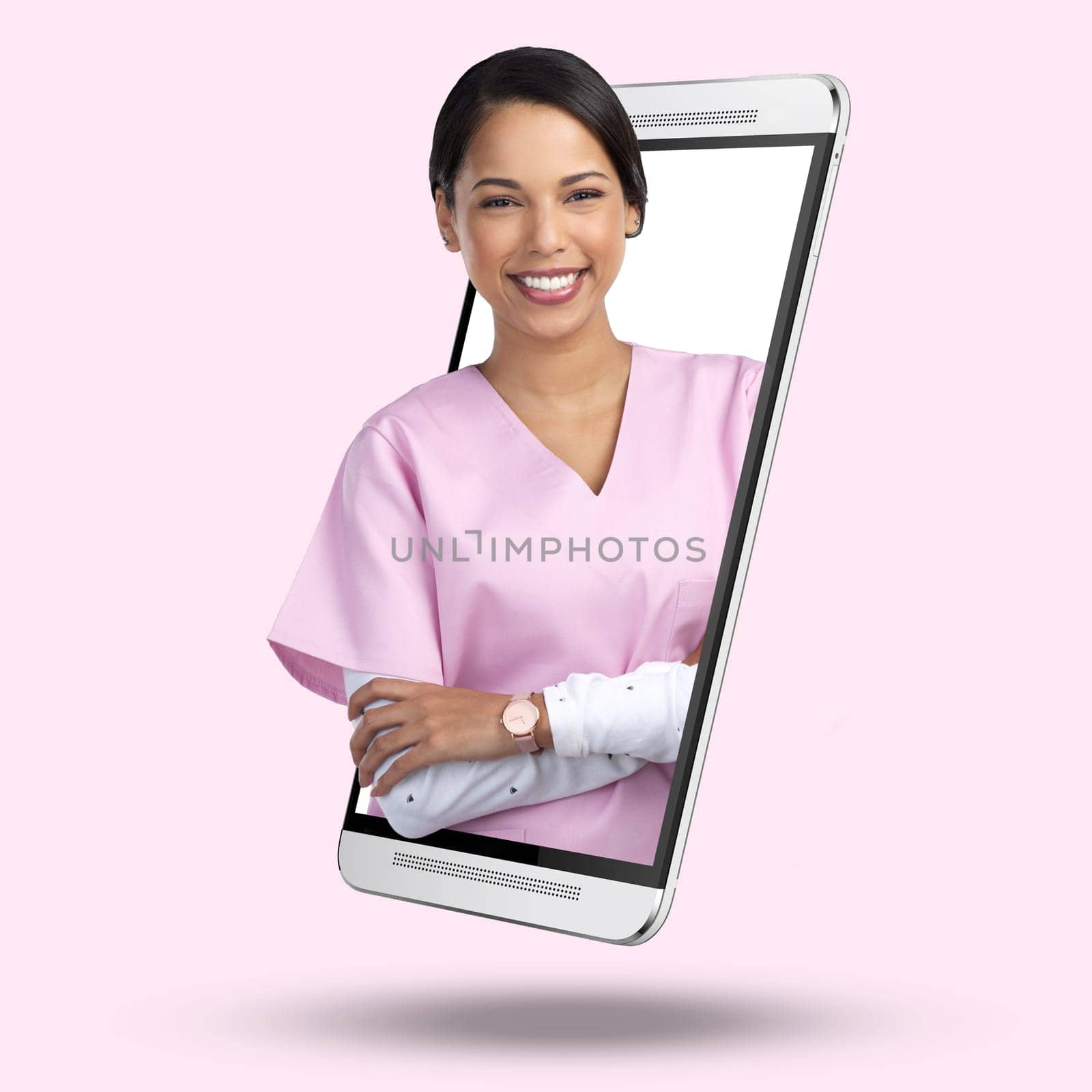 3d telehealth nurse, phone and online with screen, portrait and happy for app by pink background. Medic woman, face or smile for healthcare, advice or communication on internet for wellness service.