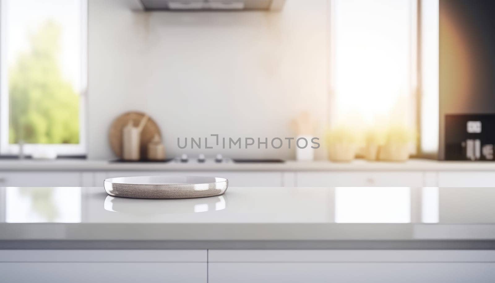 Empty white table and defocused modern kitchen background. Generative AI.