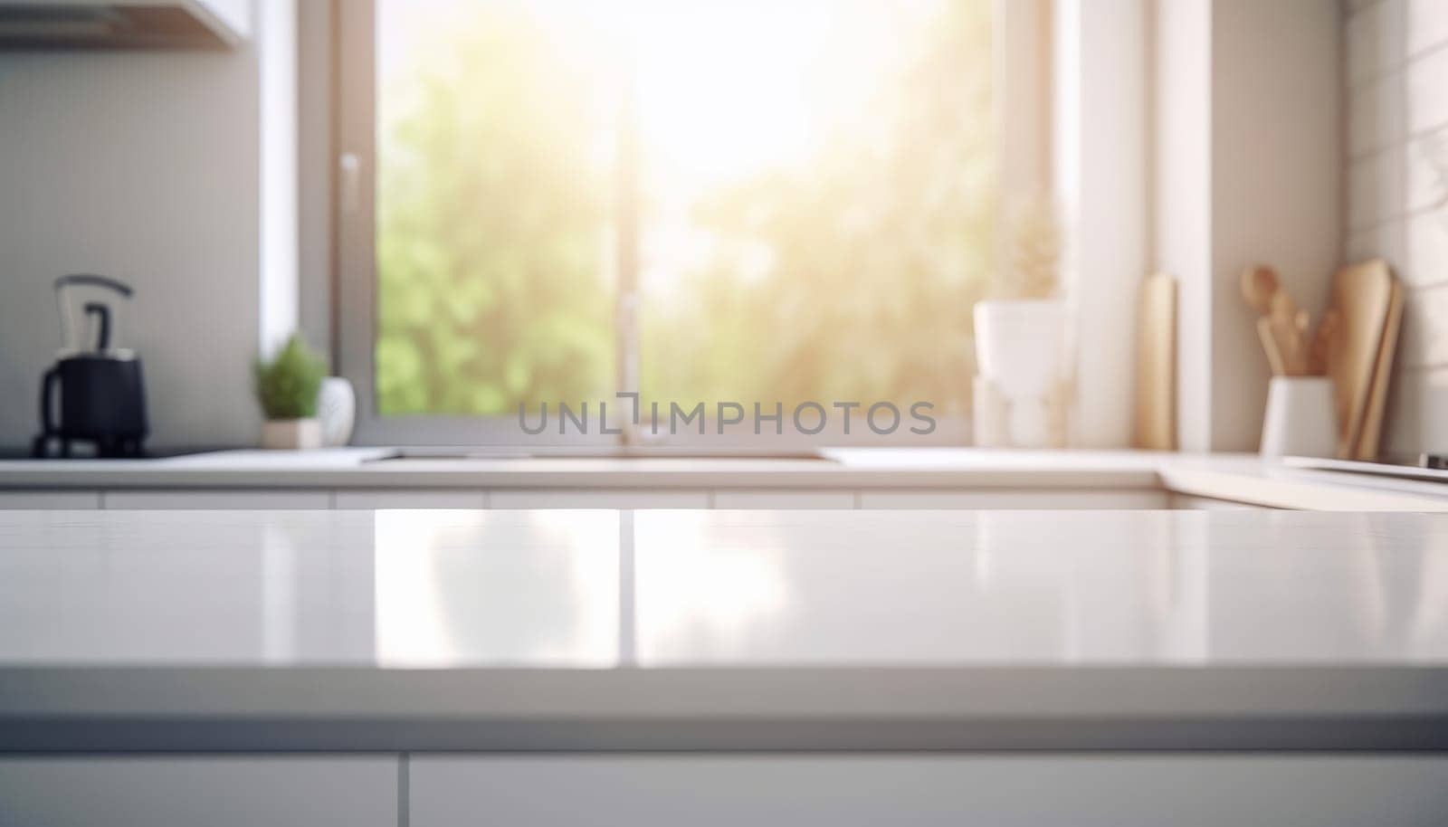 Empty white table and defocused modern kitchen background. Generative AI.