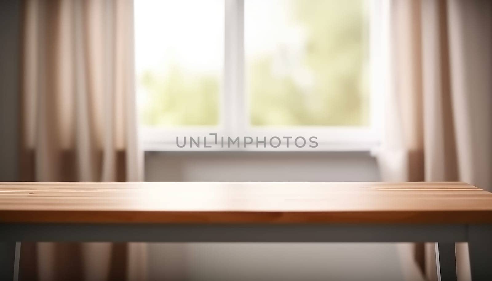 Wooden table with copy space and window background with curtains. Generative AI by nateemee
