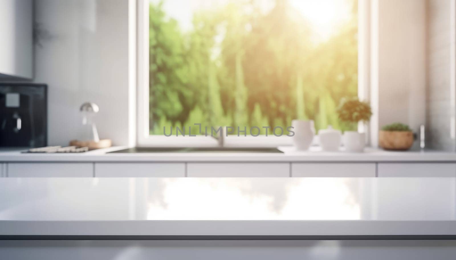 Empty white table and defocused modern kitchen background. Generative AI by nateemee